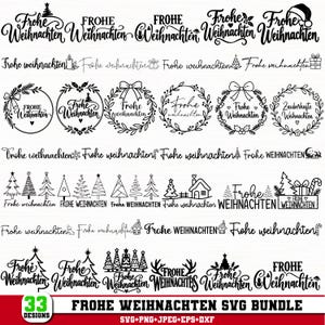 May include: A collection of 33 black and white digital designs featuring the text Frohe Weihnachten and Zauberhafte Weihnachten. The graphics include various Christmas-themed icons like trees, wreaths, bows, gifts, and holiday motifs in diverse fonts and styles.