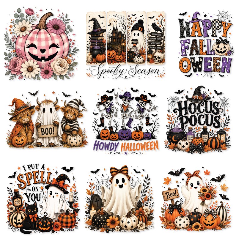 May include: A collection of nine Halloween-themed graphic designs featuring pumpkins, ghosts, skeletons, and black cats. Elements include floral arrangements, witch hats, spider webs, and text such as Happy Fall-Oween, Spooky Season, Howdy Halloween, Hocus Pocus, and I Put A Spell On You.