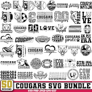 May include: A collection of 50 Cougar-themed SVG designs in black and white. The designs include cougar illustrations, text, and sports-related graphics. The bundle includes SVG, PNG, JPEG, EPS, and DXF file formats.