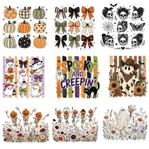 May include: A digital collection of Halloween-themed graphics featuring pumpkins, patterned bows, skulls, ghosts, and skeletons. The designs include the text 'SPOOKY AND CREEPIN', along with illustrations of cats, sunflowers, wildflowers, and spiderwebs.