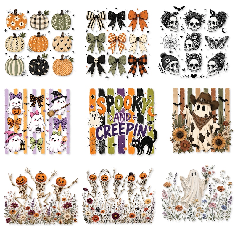 May include: A digital collection of Halloween-themed graphics featuring pumpkins, patterned bows, skulls, ghosts, and skeletons. The designs include the text 'SPOOKY AND CREEPIN', along with illustrations of cats, sunflowers, wildflowers, and spiderwebs.