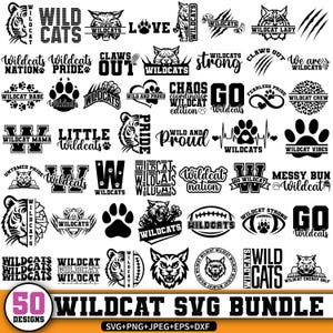 May include: A collection of 50 Wildcat SVG designs in black and white. The designs include text such as "Wildcats", "Claws Out", and "Wildcat Nation", along with paw prints, cat faces, and other related graphics. The bundle includes SVG, PNG, JPEG, EPS, and DXF files.