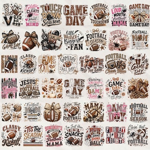 May include: A collection of football-themed graphic designs featuring illustrations of footballs, helmets, bows, and text such as Game Day, Football Season, and Cheer Mom, arranged in a grid pattern with brown, black, and pink color accents.