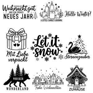 以下が含まれることがあります： 冬と休日のテーマの白黒イラスト。デザインには、「Hello Winter!」や「Let it snow」などのテキスト、キャンドル、ギフトボックス、白鳥、キツネ、家、ジンジャーブレッドハウスの画像が含まれています。