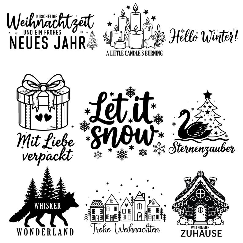 以下が含まれることがあります： 冬と休日のテーマの白黒イラスト。デザインには、「Hello Winter!」や「Let it snow」などのテキスト、キャンドル、ギフトボックス、白鳥、キツネ、家、ジンジャーブレッドハウスの画像が含まれています。