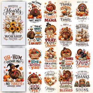 May include: A collection of rectangular Thanksgiving-themed designs featuring turkeys, pumpkins, sunflowers, and autumn leaves. Each design includes festive typography with phrases like Grateful Hearts, Eat Pray & Give Thanks, and Turkeyriffic Day.