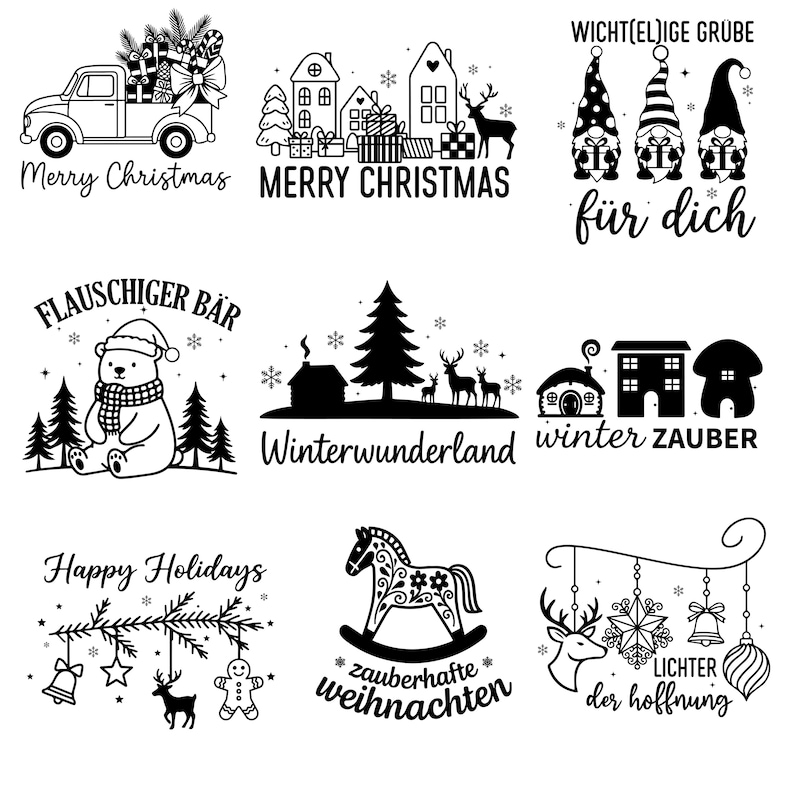 以下が含まれることがあります： 白黒のクリスマスをテーマにしたイラストのコレクション。プレゼントを運ぶトラック、家、ノーム、クマ、鹿がいる冬のシーン、家、ロッキングホース、お祝いのオーナメントなどのデザイン。テキストには「メリークリスマス」と「ハッピーホリデー」が含まれています。