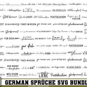 Puede incluir: Un paquete de diseño digital con 70 frases alemanas en varias fuentes elegantes y manuscritas. Las frases son en negro, con palabras como "Happy", "Family" y "Love". El paquete incluye archivos SVG, PNG, JPEG, EPS y DXF.