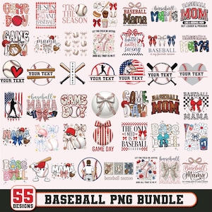 May include: A collection of 55 baseball-themed PNG designs. The designs include baseballs, bats, text like "Game Day," "Baseball Mom," and decorative elements such as bows and floral patterns. The designs are in various colors.