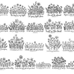 May include: Black and white line art illustrations of floral arrangements with various inspirational quotes. Each design features different flower and leaf styles, with text such as "The Lord is my light" and "Do not be afraid."