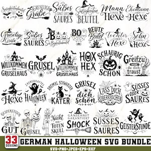 Puede incluir: Una colección digital de 33 diseños gráficos en blanco y negro con temática de Halloween que incluyen texto en alemán, calabazas, fantasmas, esqueletos, brujas, murciélagos y arañas. Incluye el texto 33 GERMAN HALLOWEEN SVG BUNDLE.