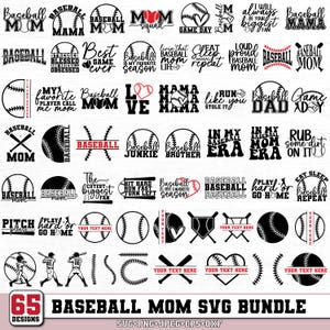 Może przedstawiać: Kolekcja 65 wzorów SVG o tematyce baseballowej. Projekty obejmują piłki do baseballu, kije i frazy takie jak "Baseball Mom", "Game Day" i "Best Game Ever". Projekty są w kolorze czarno-białym.