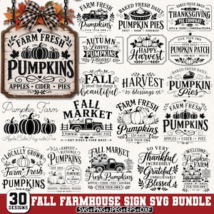 May include: A digital collection of 30 black and white graphic designs featuring autumn themes, pumpkins, farm trucks, and harvest-related typography. The designs include phrases like Farm Fresh Pumpkins, Fall Market, and Pumpkin Patch for seasonal decor.