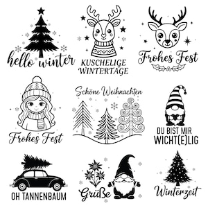以下が含まれることがあります： 白黒の冬をテーマにしたイラストのコレクション。デザインには、「hello winter」のクリスマスツリー、「Kuschelige Wintertage」のトナカイ、「Du bist mir Wicht(e)lig」のノームが含まれています。