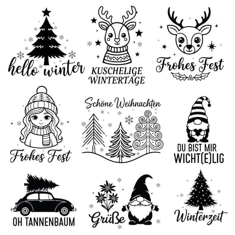 以下が含まれることがあります： 白黒の冬をテーマにしたイラストのコレクション。デザインには、「hello winter」のクリスマスツリー、「Kuschelige Wintertage」のトナカイ、「Du bist mir Wicht(e)lig」のノームが含まれています。
