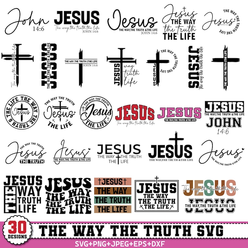 Puede incluir: Una colecci&oacute;n de 30 dise&ntilde;os SVG con la palabra "Jes&uacute;s" y frases religiosas relacionadas. Los dise&ntilde;os incluyen cruces, texto de Juan 14:6 y varias fuentes. La imagen tambi&eacute;n incluye informaci&oacute;n sobre el tipo de archivo.