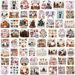 May include: A collection of Halloween-themed graphic designs featuring ghosts, pumpkins, skeletons, witches, and haunted houses. The illustrations include text such as Spooky Season, Hocus Pocus, and Haunted Harvest in various colors and fonts.