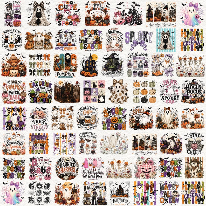 May include: A collection of Halloween-themed graphic designs featuring ghosts, pumpkins, skeletons, witches, and haunted houses. The illustrations include text such as Spooky Season, Hocus Pocus, and Haunted Harvest in various colors and fonts.