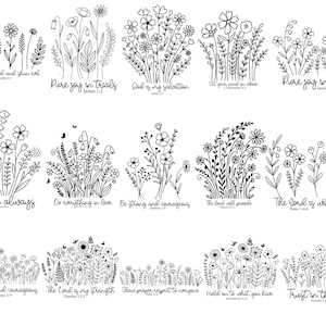 May include: Black and white line art illustrations of various floral arrangements with inspirational quotes. The designs feature different types of flowers and foliage, with text such as "Rejoice always" and "Trust in the Lord."