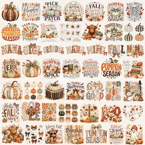 May include: A collection of fall-themed digital stickers featuring pumpkins, highland cows, ghosts, and autumn foliage. The designs include text such as Pumpkin Season, Fall Breeze, Grateful Thankful Blessed, and various holiday-themed phrases.