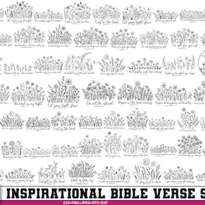 Könnte beinhalten: Eine Sammlung von 70 inspirierenden Bibelvers-Designs in den Formaten SVG, PNG, JPEG, EPS und DXF. Jedes Design zeigt florale Illustrationen mit verschiedenen Bibelversen in Schwarz und Weiß.