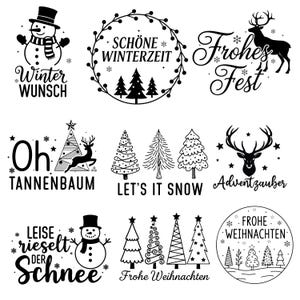 以下が含まれることがあります： 白黒のクリスマスをテーマにしたグラフィックデザイン。雪だるま、クリスマスツリー、トナカイ、そして「Winter Wunsch」、「Let's it Snow」、「Frohe Weihnachten」などのテキストが含まれています。ホリデーのクラフトや装飾に最適です。