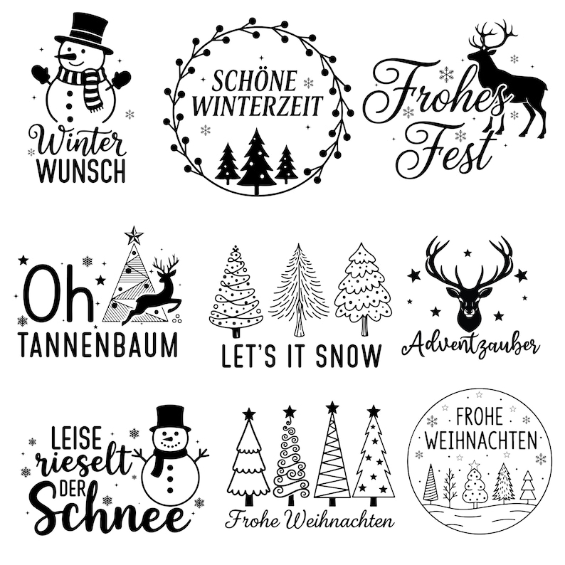 以下が含まれることがあります： 白黒のクリスマスをテーマにしたグラフィックデザイン。雪だるま、クリスマスツリー、トナカイ、そして「Winter Wunsch」、「Let's it Snow」、「Frohe Weihnachten」などのテキストが含まれています。ホリデーのクラフトや装飾に最適です。