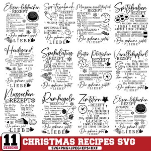 May include: A black and white graphic featuring 11 Christmas recipes. Each recipe is displayed on a separate panel with ingredients and instructions. The text "Christmas Recipes SVG" is at the bottom, with file type options.