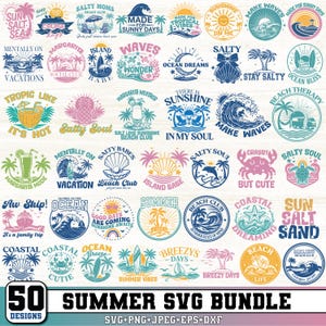 Könnte beinhalten: Eine Sammlung von 50 Sommer-SVG-Designs. Die Designs zeigen verschiedene Strand- und Urlaubs-Grafiken, darunter Palmen, Wellen und Sätze wie "Summer Vibes" und "Beach Life". Die Designs sind in verschiedenen Farben und Stilen gehalten.