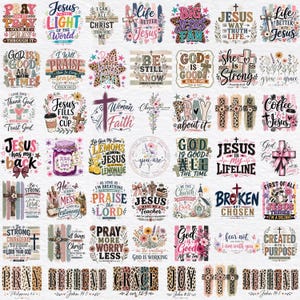 May include: A collection of Christian-themed graphic designs featuring various religious quotes, crosses, floral elements, and leopard print patterns. The images include phrases like Pray On It, Jesus Is The Light, God Is Good, and Believe, arranged in a grid.
