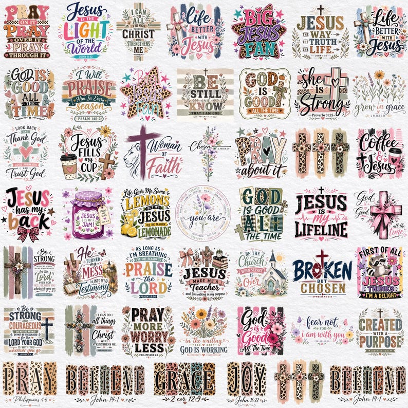 May include: A collection of Christian-themed graphic designs featuring various religious quotes, crosses, floral elements, and leopard print patterns. The images include phrases like Pray On It, Jesus Is The Light, God Is Good, and Believe, arranged in a grid.