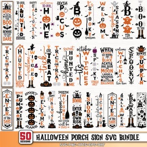 Puede incluir: Una colección de 50 diseños verticales de letreros para porche de Halloween con gráficos en negro y naranja que incluyen calabazas, fantasmas, brujas, murciélagos, arañas y casas encantadas con varios textos temáticos festivos.