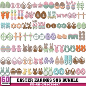 Puede incluir: Una colección de 60 diseños de pendientes con temática de Pascua, con huevos, conejos, cruces y flores. Los pendientes son de colores pastel y están hechos de madera. Se muestra el texto "EASTER EARINGS SVG BUNDLE".