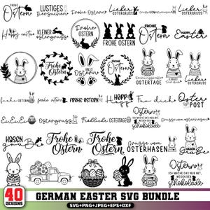 Puede incluir: Un conjunto de 40 diseños SVG alemanes de Pascua en negro. Los diseños incluyen conejitos de Pascua, huevos y frases como "Frohe Ostern" y "Happy Easter". Formatos: SVG, PNG, JPEG, EPS y DXF.