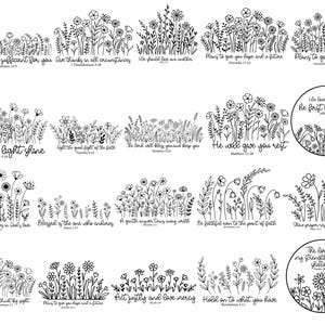May include: Black and white line art illustrations of various floral arrangements with inspirational quotes. The quotes include phrases like "My grace is sufficient for you" and "Let your light shine". The designs feature detailed drawings of flowers and foliage.