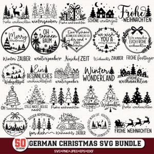 Op de afbeelding: Een verzameling van 50 zwart-witte digitale grafische ontwerpen met kerst- en winterthema's. De set bevat illustraties van rendieren, dennenbomen, huizen, geschenkdozen en een auto, vergezeld van Duitse en Engelse feestdagteksten.