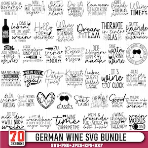 May include: A collection of 70 black and white digital graphic designs featuring wine-themed quotes and illustrations, including wine bottles, glasses, and hearts, presented in a grid layout with the text German Wine SVG Bundle at the bottom.