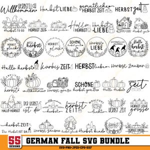 Könnte beinhalten: Eine Sammlung von 55 schwarz-weißen digitalen Grafikdesigns mit herbstlichen Illustrationen wie Kürbissen, Gnomen, Pilzen, Häusern und Lastwagen, begleitet von verschiedenen deutschen Schriftzügen rund um die Herbstzeit.