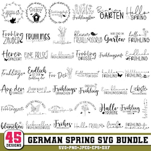 Pode incluir: Um conjunto de 45 designs SVG alemães com tema de primavera. Os designs apresentam várias frases florais e sazonais em escrita preta, incluindo "Hello Spring" e "Springtime". O pacote inclui formatos de arquivo SVG, PNG, JPEG, EPS e DXF.