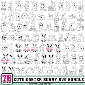 Könnte beinhalten: Eine Sammlung von 76 niedlichen Osterhasen-Designs in den Formaten SVG, PNG, JPEG, EPS und DXF. Die Schwarz-Weiß-Illustrationen zeigen verschiedene Hasenposen, einige mit Accessoires, und Textbereiche zur individuellen Gestaltung.