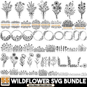 Puede incluir: Una colección de 55 diseños SVG de flores silvestres en blanco y negro. Los diseños incluyen ramos, bordes florales, coronas e ilustraciones de flores individuales. El texto incluye "YOUR TEXT HERE" y "WILDFOWER SVG BUNDLE". Formatos: SVG, PNG, JPEG, EPS y DXF.
