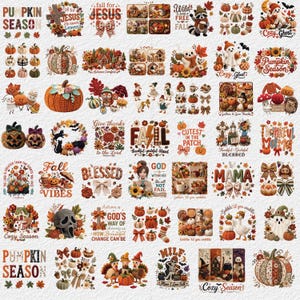 May include: A collection of fall-themed digital stickers featuring pumpkins, ghosts, turkeys, and autumn foliage. Designs include text such as Pumpkin Season, Fall Vibes, Blessed, and Cozy Ghost, with various seasonal motifs in orange, brown, and green.