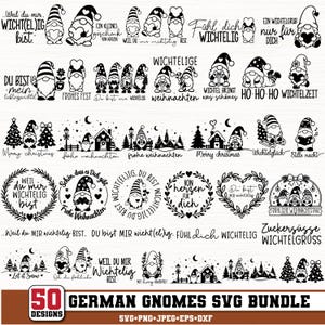 Könnte beinhalten: Eine Sammlung von 50 schwarz-weißen digitalen Grafikdesigns mit Weihnachtswichteln, festlichen Szenen und deutschen Textphrasen wie Weil du mir wichtig bist, Frohe Weihnachten und Wichtelglück, zusammengefasst in einem Bastelpaket.