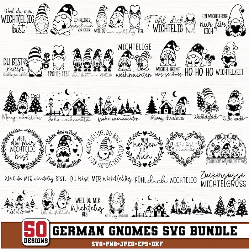 Puede incluir: Una colecci&oacute;n de 50 dise&ntilde;os gr&aacute;ficos digitales en blanco y negro que presentan gnomos navide&ntilde;os, escenas festivas y frases en alem&aacute;n como Weil du mir wichtig bist, Frohe Weihnachten y Wichtelgl&uuml;ck, en un paquete para manualidades.