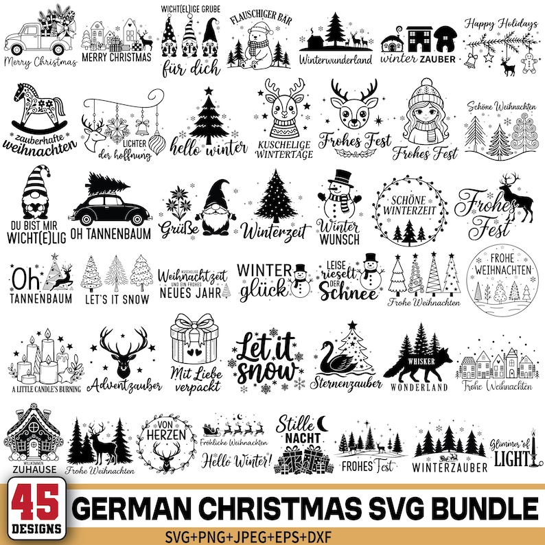 以下が含まれることがあります： 白黒の45個のドイツのクリスマスSVGデザインのコレクション。デザインには、クリスマスツリー、トナカイ、雪だるま、休日の挨拶などのお祝いの要素が含まれています。テキストには「メリークリスマス」などのフレーズが含まれています。
