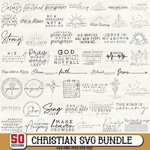Pode incluir: Uma coleção de 50 designs SVG cristãos em preto e branco. Os designs incluem citações inspiradoras, frases religiosas e elementos florais. O pacote está disponível nos formatos SVG, PNG, JPEG, EPS e DXF.