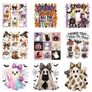 May include: A collection of nine digital illustrations featuring Halloween themes including ghosts, black cats, pumpkins, bats, and bows. The designs incorporate text such as Spooky Season All The Time and Things That Make Me Happy, rendered in vibrant orange, purple, and black color palettes.