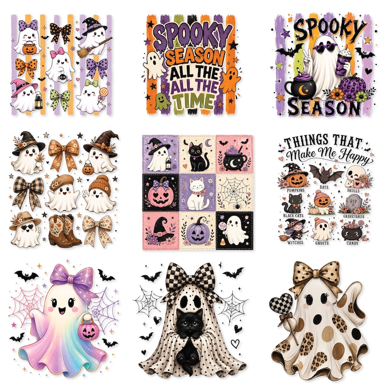 May include: A collection of nine digital illustrations featuring Halloween themes including ghosts, black cats, pumpkins, bats, and bows. The designs incorporate text such as Spooky Season All The Time and Things That Make Me Happy, rendered in vibrant orange, purple, and black color palettes.