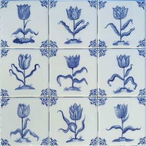 Hand-painted Tulip Delft tiles (set of 9), based on 17th century Delft tiles. For kitchen backsplash, fire place decor, bathroom wall tile.