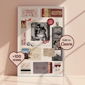 Puede incluir: Un collage enmarcado con elementos románticos. Incluye una foto en blanco y negro de una pareja, dados, cajas de cerillas, entradas y el texto "XOXO". También es visible el texto "Edit in Canva".